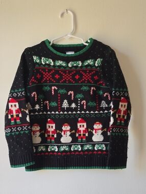 Boy's Black Christmas Sweater with Holiday Nutcracker and Snowman Motif